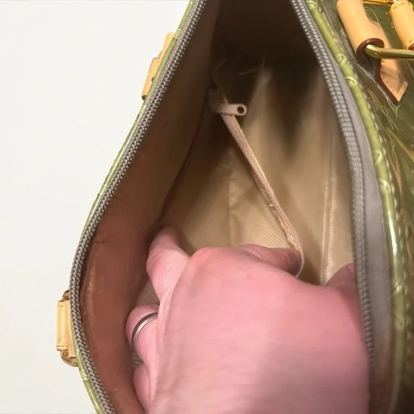 Vintage Olive Green Patent Monogram Satchel Speedy Style Y2K Glossy Handbag - Picture 15 of 16